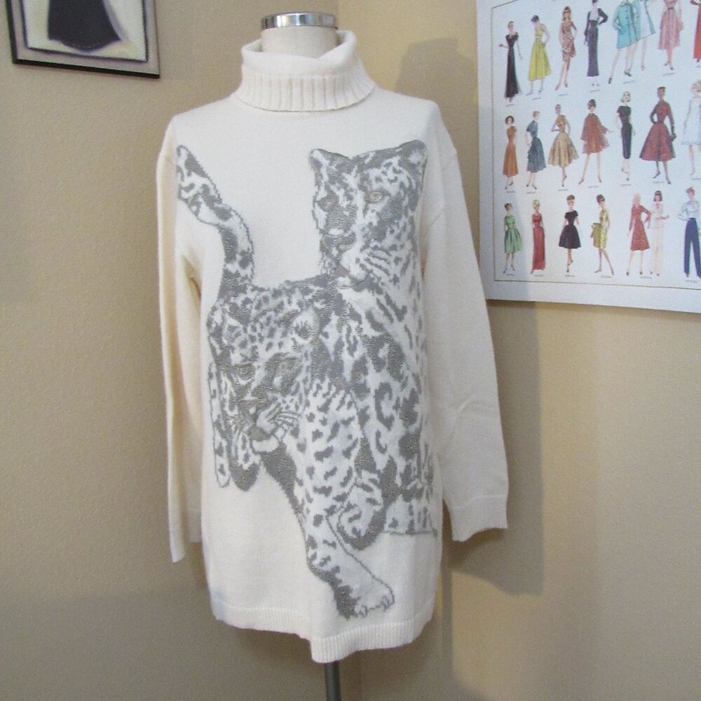 Vintage Dino Valiano Ivory Merino Wool Blend Leopard Turtleneck Sweater- 36/M